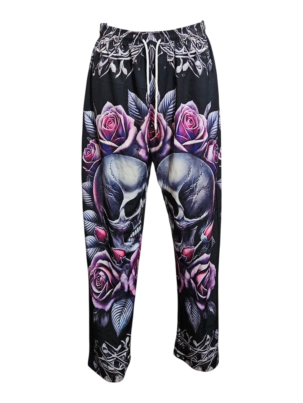 Black & Purple Floral Skull Straight-Leg Pants
